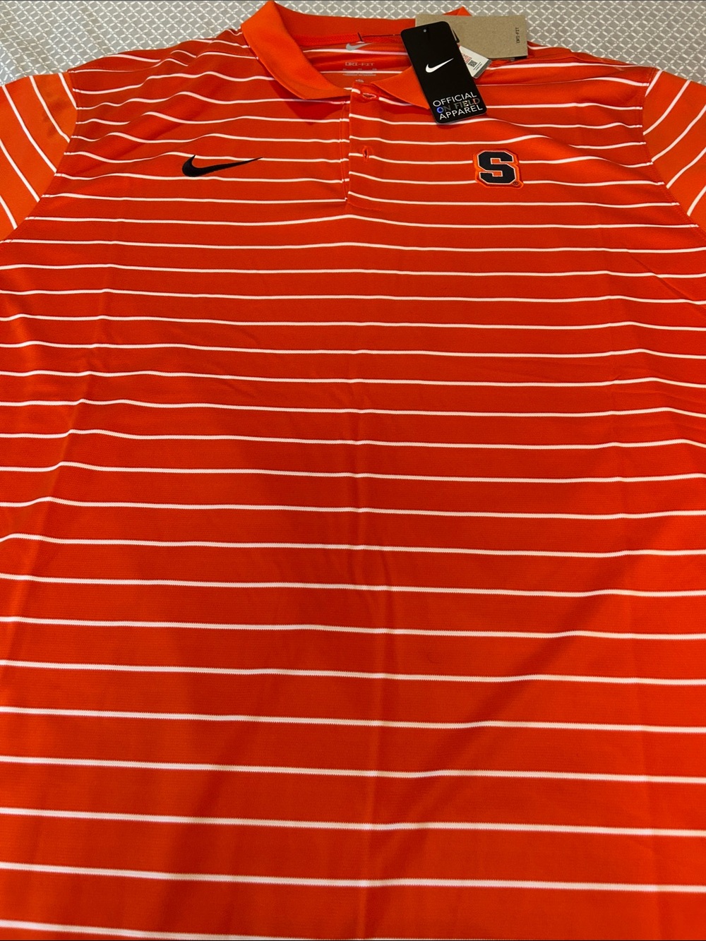 Nike Orange and White Striped Polo with Black S Patch